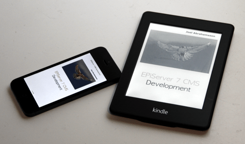 The cover of the new EPiServer book displayed in an iPhone and a Kindle.