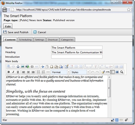 A page displayed in EPiServer CMS's simple edit mode in a popup window