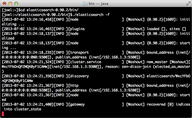 Console command for running elasticsearch on OS X and following output from elasticsearch