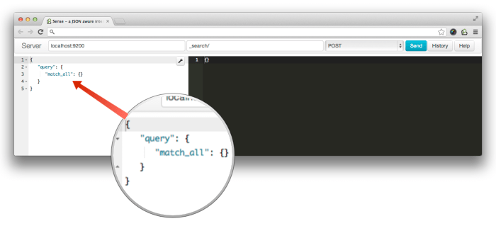 Chrome plugin Sense with a basic elasticsearch query highlighted in the request body panel